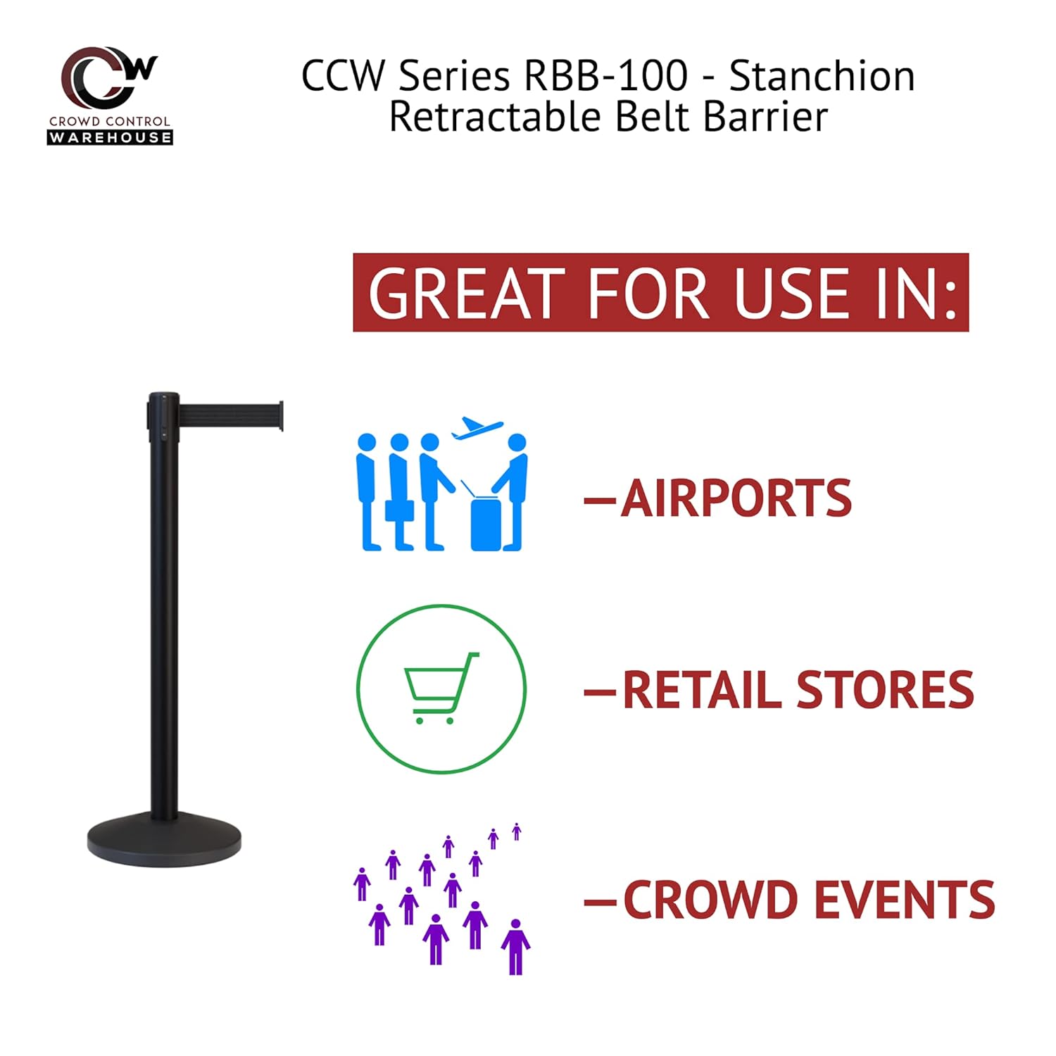 Crowd Control Warehouse CCW Series RBB-100 - Set of 2 Stanchion Retractable Belt Barriers - 11 Foot Caution