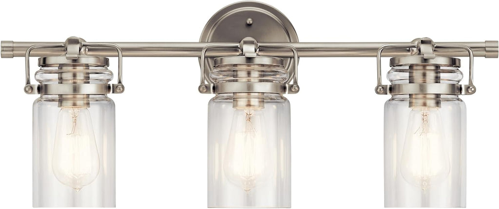 Kichler Brinley 24’’ Vanity Light in Brushed Nickel 3-Light Farmhouse Bathroom Vanity Light with Clear Glass (24’’ W x