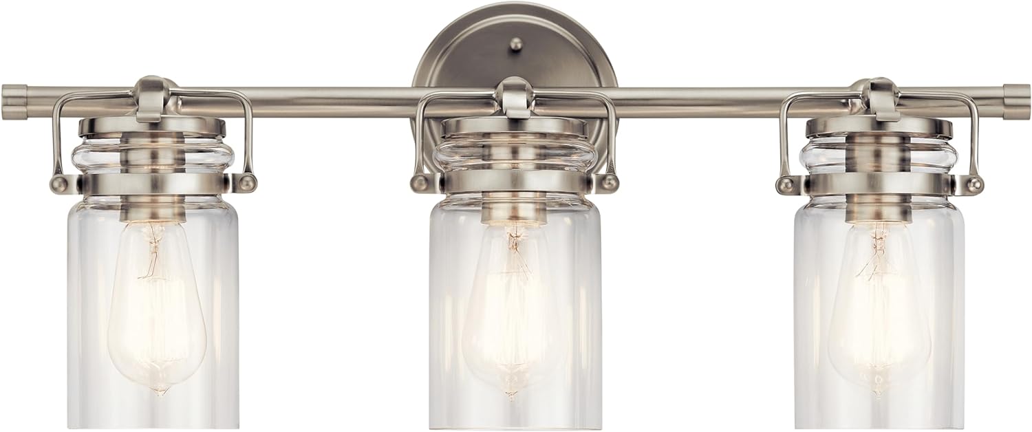 Kichler Brinley 24’’ Vanity Light in Brushed Nickel 3-Light Farmhouse Bathroom Vanity Light with Clear Glass (24’’ W x