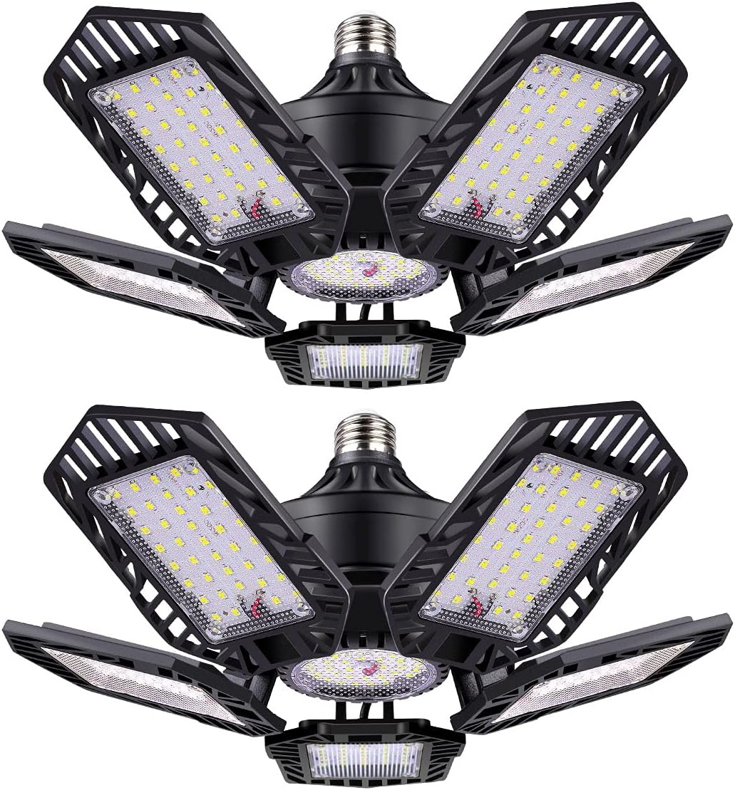 TANBABY Metal LED Garage Lights 2 Pack 150W 15000LM with 5+1 Multi-Position Panels Deformable E26/E27 Shop Light 6500K Daylight for Garage Basement