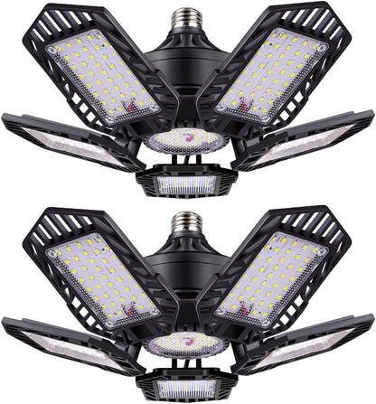 TANBABY Metal LED Garage Lights 2 Pack 150W 15000LM with 5+1 Multi-Position Panels Deformable E26/E27 Shop Light 6500K Daylight for Garage Basement