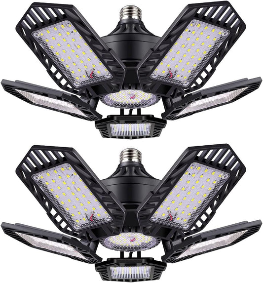 TANBABY Metal LED Garage Lights 2 Pack 150W 15000LM with 5+1 Multi-Position Panels Deformable E26/E27 Shop Light 6500K Daylight for Garage Basement