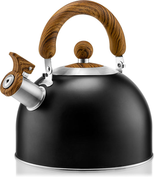 Tea Kettle Stovetop - HIHUOS Whistling Teapot for Stovetop - Stainless Steel Tea Pots for Stove Top, 3-ply Composite Base, Fast Boiling Teakettle Work for All Heat Sources (Black 2.6QT)