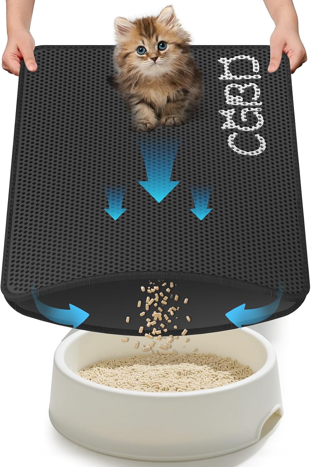 CGBD Cat Litter Mat - Double Layer Honeycomb Design Litter Trapping Mat, Urine-Proof & Non-Slip, Easy Clean Waterproof Litter Box Mat, Kitten Supplies and Essentials, 24x18 inch, Black
