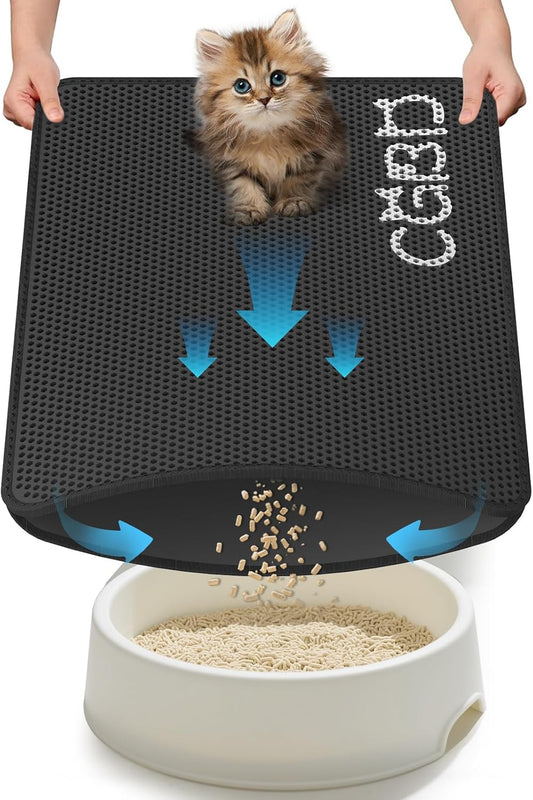 CGBD Cat Litter Mat - Double Layer Honeycomb Design Litter Trapping Mat, Urine-Proof & Non-Slip, Easy Clean Waterproof Litter Box Mat, Kitten Supplies and Essentials, 24x18 inch, Black