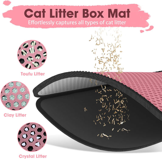 CGBD Cat Litter Mat - Double Layer Honeycomb Design Litter Trapping Mat, Urine-Proof & Non-Slip, Easy Clean Waterproof Litter Box Mat, 24x18 inch Small Size for Kitty, Pink