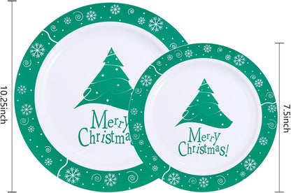 WELLIFE 60pcs Green Christmas Plates, Christmas Plastic Plates for Xmas, Christmas Party Plates with Christmas Tree Design, 30pcs Dinner Plates and 30pcs Dessert Plates for Xmas Party