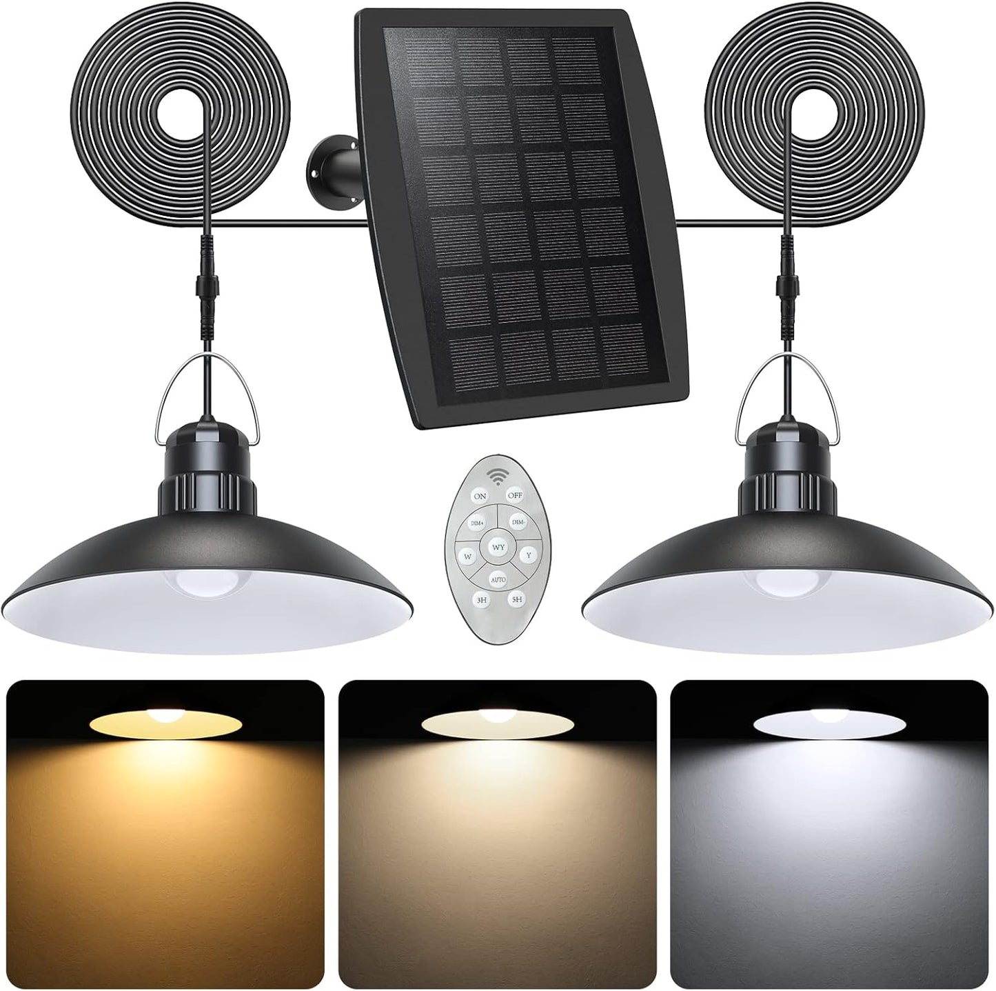 AGPTEK Solar Pendant Lights Outdoor Indoor, Dual Head Solar Shed Lights IP65 Waterproof Solar Lamp Indoor Solar Lights with Remote for Shed, Gazebo, Home, Patio, Barn, Chicken Coop, Porch, Garage