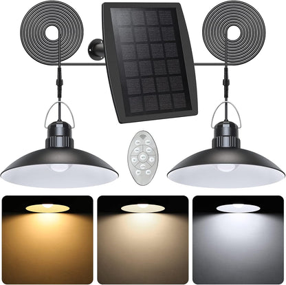 AGPTEK Solar Pendant Lights Outdoor Indoor, Dual Head Solar Shed Lights IP65 Waterproof Solar Lamp Indoor Solar Lights with Remote for Shed, Gazebo, Home, Patio, Barn, Chicken Coop, Porch, Garage