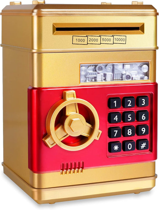 GuDoQi Piggy Bank, Electronic Money Bank, Safe Mini ATM Cash Coin Can, Auto Scroll Paper Money Saving Box, Great Birthday for Kids, Gold