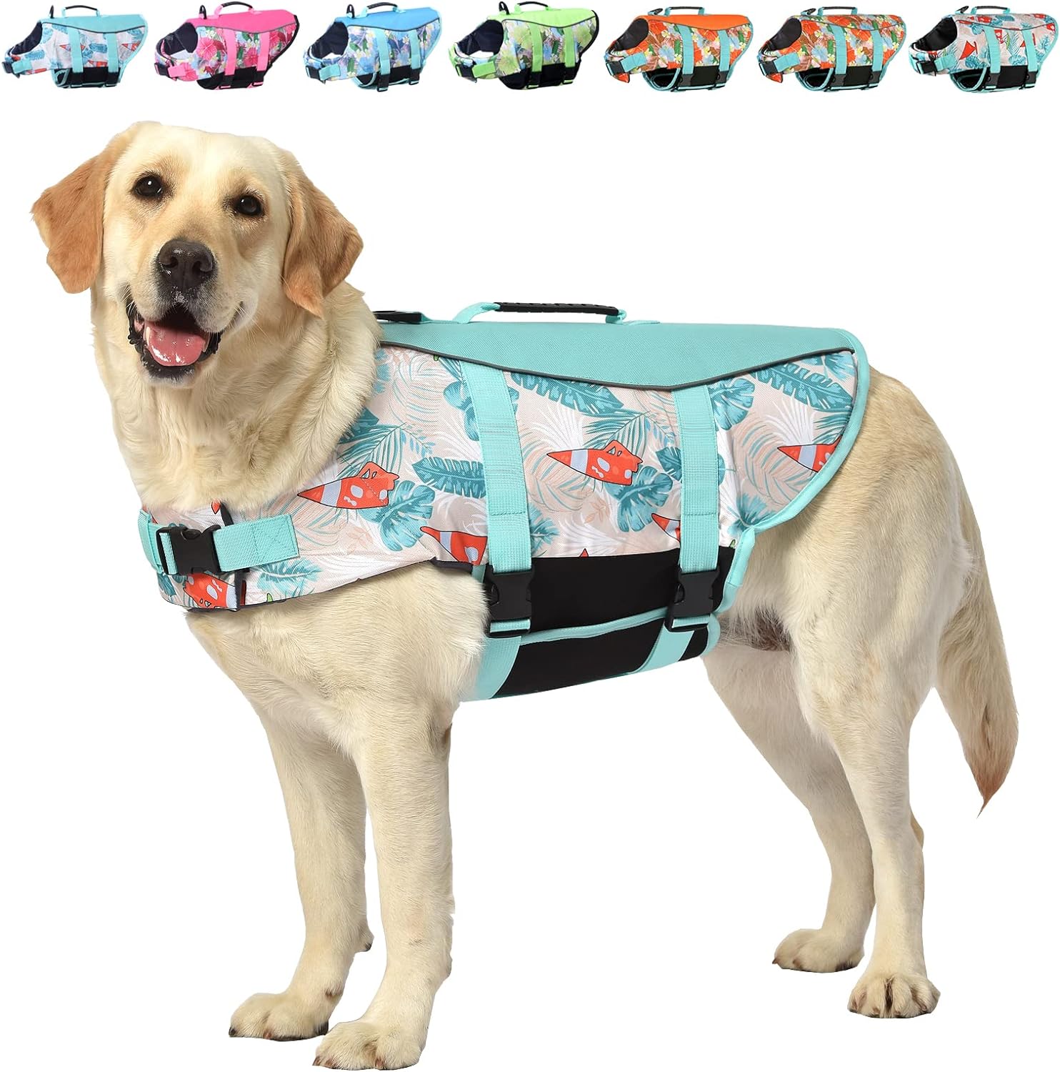 Hawaiian Sports Style Dog Life Jackets - Dog Lifesaver Vest with Rescue Handle for Swimming Boating and Adjustable