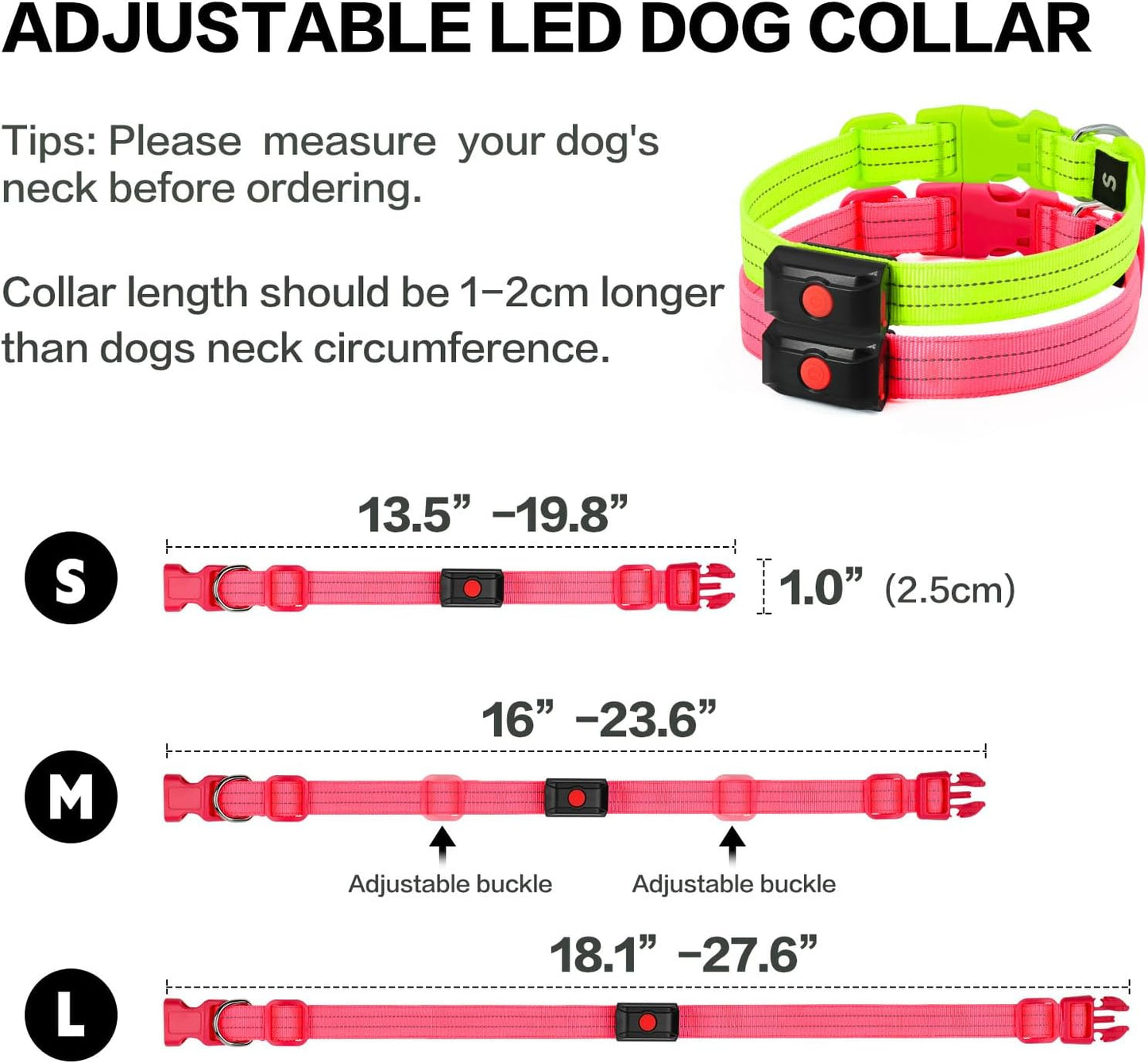 2 x Light Up Dog Collar for Night Walking Flashing, LED Dog Collar Light Rechargeable Reflective Dog Collar Water-Resistant Adjustable Size Dog Collars for Medium Dogs