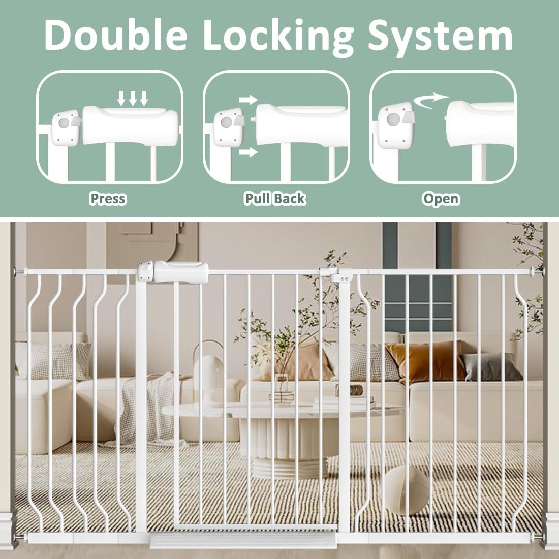 Walk Through Baby Gate with Door, 38.5-43.3 Inch Wide Presure Mounted No Drill Metal Child Gate for Stair Doorway - Indoor Outdoor Safty Gate for Toddler Dog Doggie, White