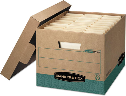 Bankers Box 12 Pack R-KIVE Heavy-Duty 100% Recycled File Storage Boxes, FastFold, Lift-Off Lid, Letter, Kraft/Green