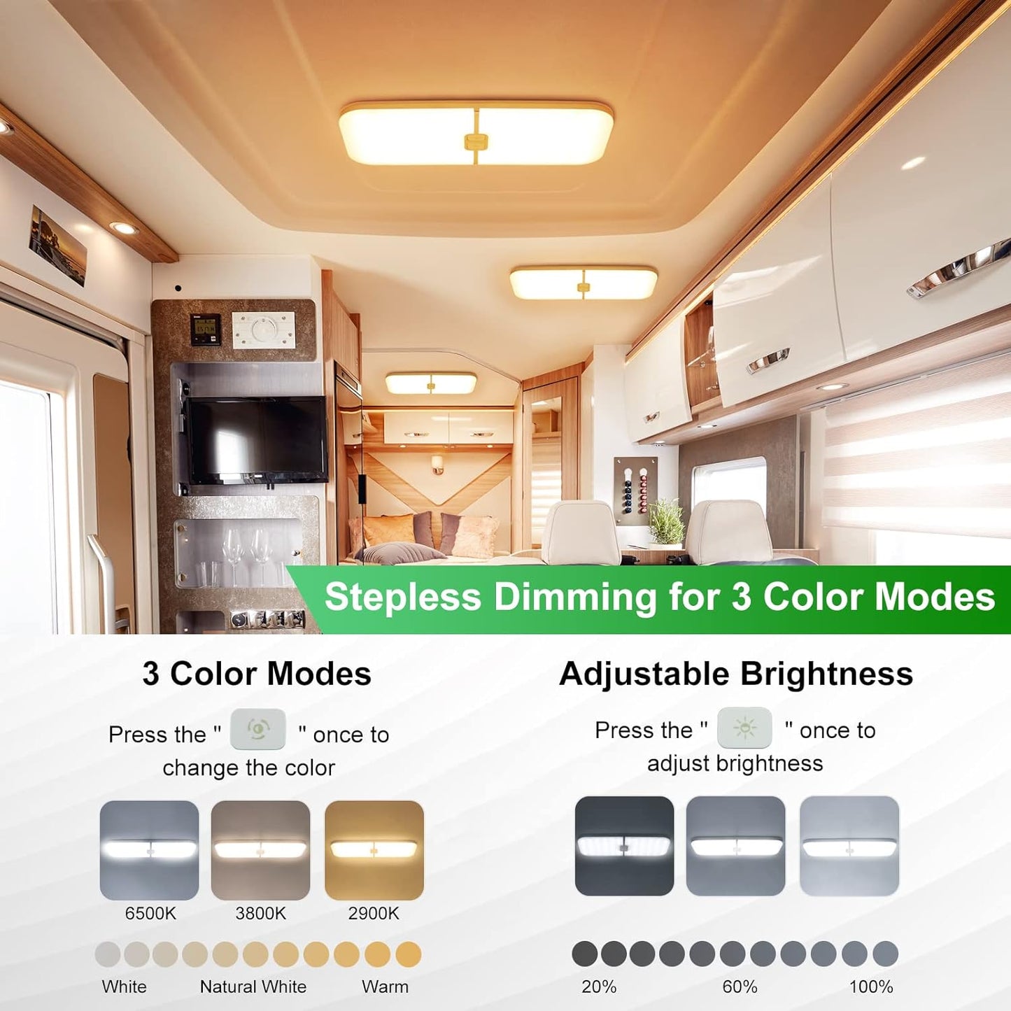 4Pack RV Lights Interior, 204 LED Camper Lights, 3 Color Modes Stepless Dimmable12V RV Interior Lights, Super Bright RV Ceiling Dome Light for RV/Camper/Car/Boat (Warm Cool Natural White)