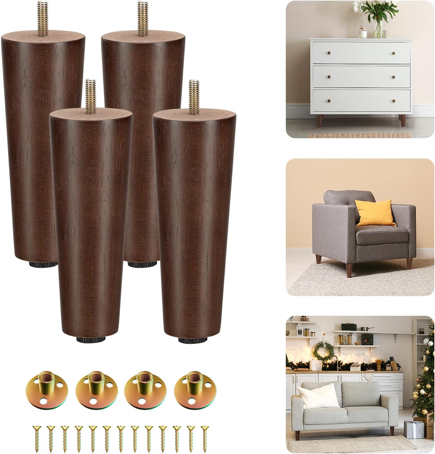 es4All 6-Inch Round Wooden Furniture Legs Set of 4, Adjustable Replacement Feet for Couch, Bed, Dresser, and Ottomans, Tapered Legs with Levelers, Brown Wood Components for Tables and Chairs