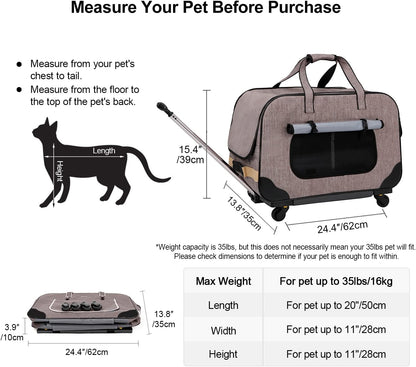 GJEASE Large Pet Rolling Carrier with Wheels for Up to 35 LBS(Upgrade Material-Sponge Filling),with Durable Handle and Flexible Wheels,Breathable and Collapsible Carrier for Small & Medium Pets