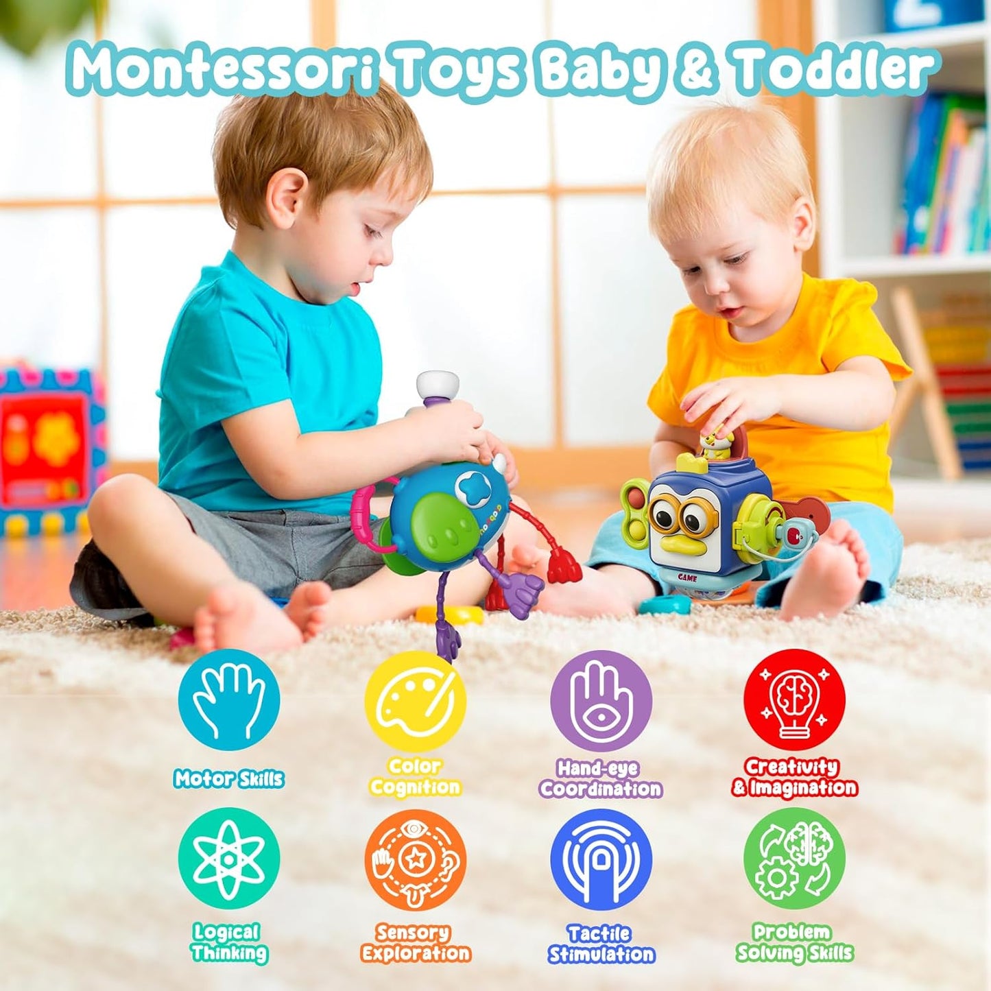 Montessori Toys for 1 Year Old & Toddler Toys, Travel Activities Busy Board Cube, Pull String Sensory Toys, Motor Skills Toys