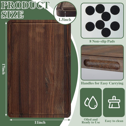 Suclain Walnut Wood Cutting Board Black Butcher Block Chopping Board Reversible Wooden Carving Board with Juice Groove Invisible Inner Handles 8 Non Slip Mats for Kitchen, Hardwood (17 x 11 Inch)