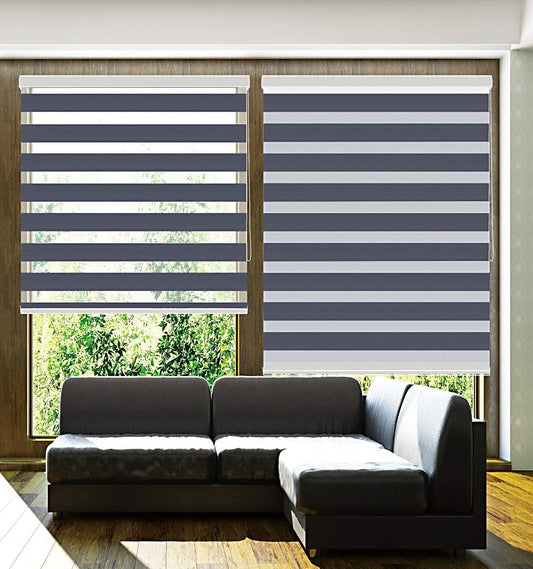 Corded Zebra Roller Shades, Dual Layer Zebra Roller Blinds, Sheer or Privacy Window Shades, Light Control Day and Night Windows Drapes for Living Room Bed Room Kitchen Office, W53 xH64,Navy