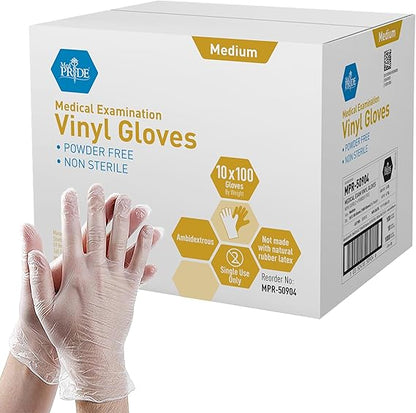 MED PRIDE Clear Vinyl Exam Gloves Medium 1000 Count Latex-Free Ultra Strong Disposable Powder-Free Plastic Gloves for Healthcare and Food Service Us
