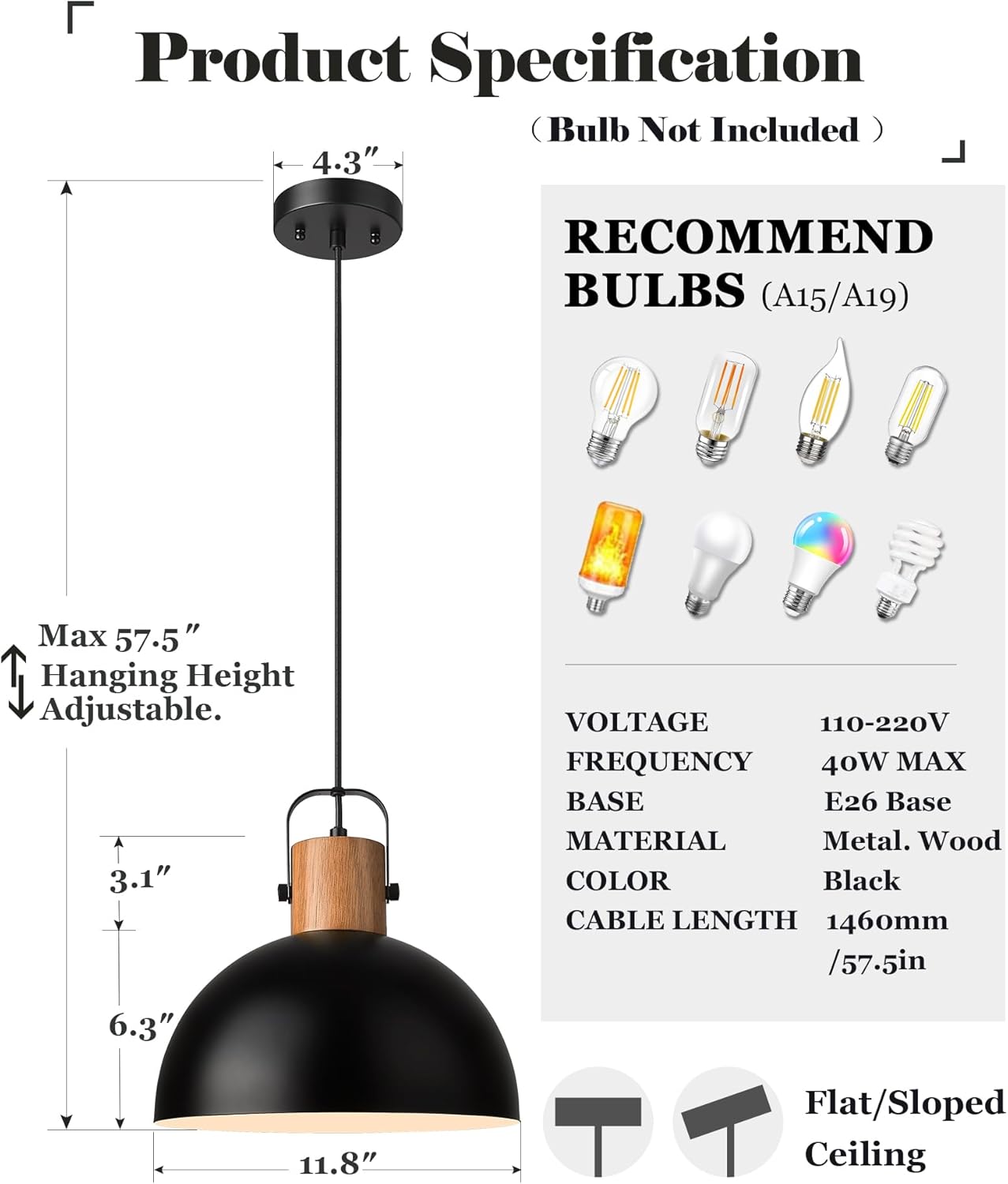 ELYONA Dome Pendant Light for Kitchen Island 12" Modern Hanging Lamp Rubber Wood Matte Black Metal Shade