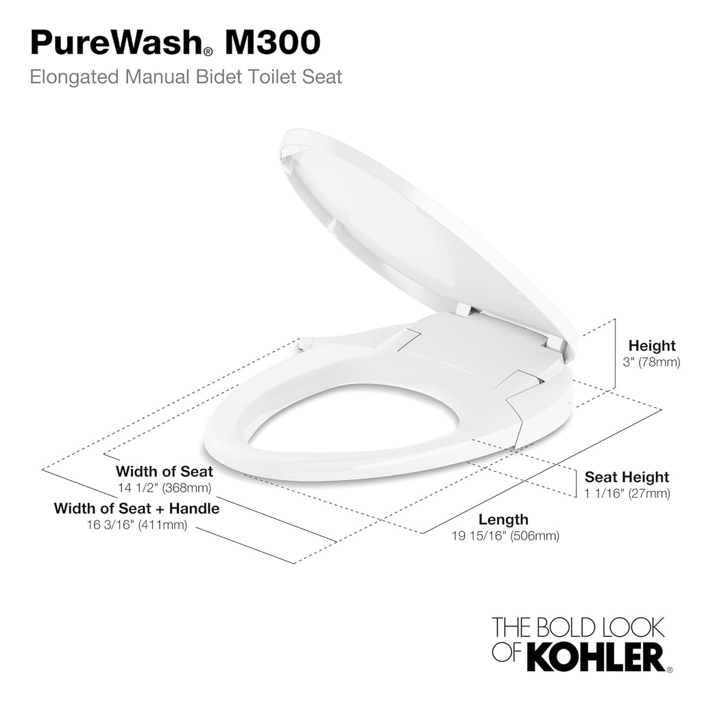 KOHLER 98804-0 Purewash M300 Elongated Manual Bidet Toilet Seat, Non-Electric Bidet with Adjustable Bidet Sprayer for Existing Toilets, White