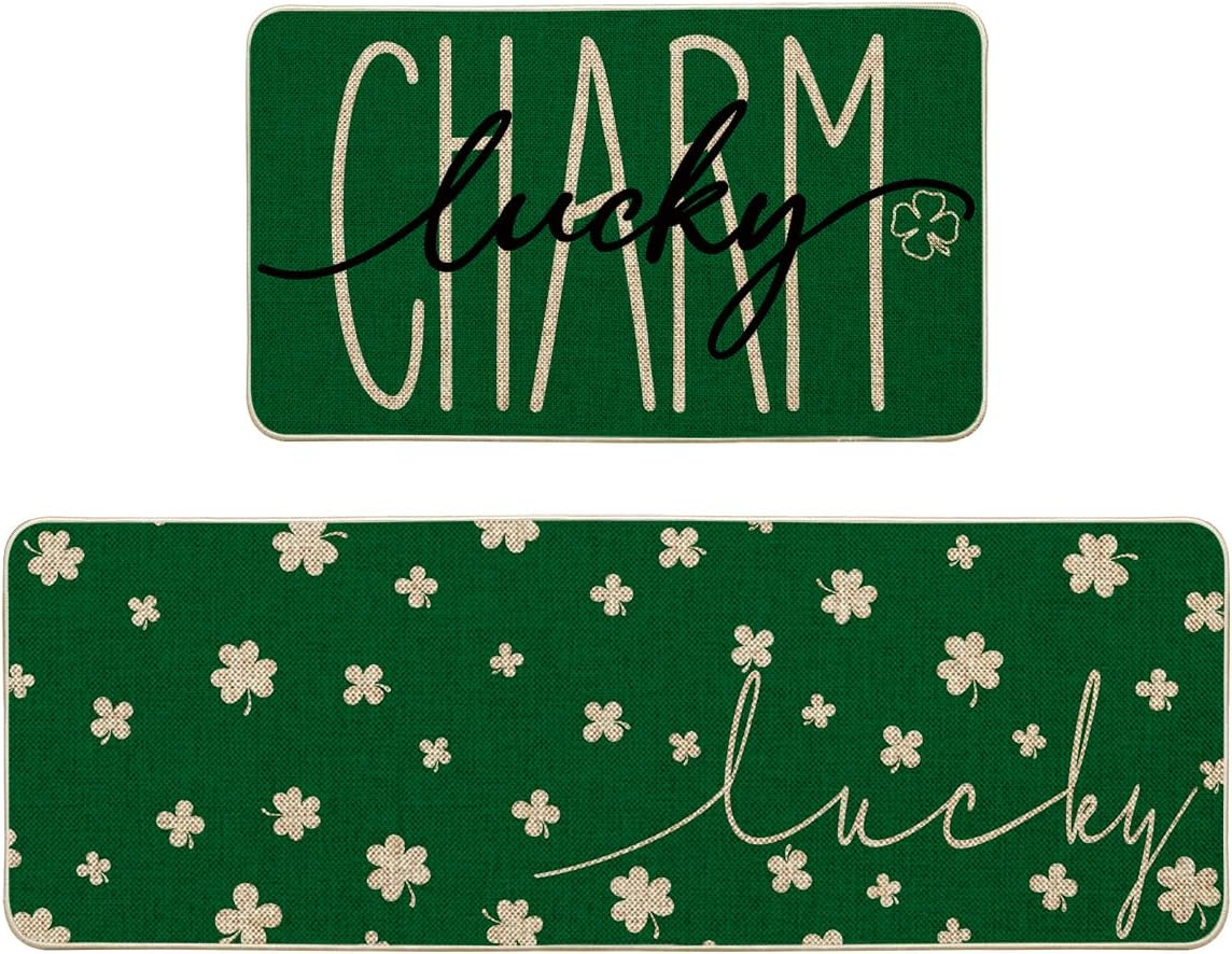 Artoid Mode Charm Lucky Shamrock St. Patrick's Day Kitchen Mats Set of 2, Home Decor Low-Profile Kitchen Rugs for Floor - 17x29 and 17x47 Inch