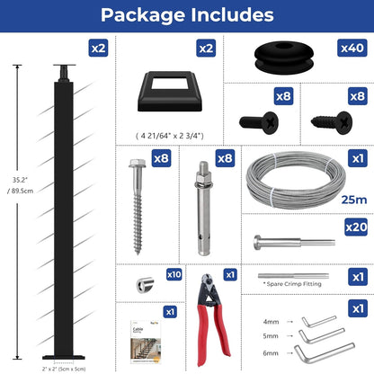 One-Stop Stair Cable Railing Post Kit, 33° Drilled 2Pack Stair Post, Adjustable Top Angle Railing System Including 2 Railing Post, 82ft Cable, 10 Sets Terminal, 40 Cable Grommets (No Handrail)