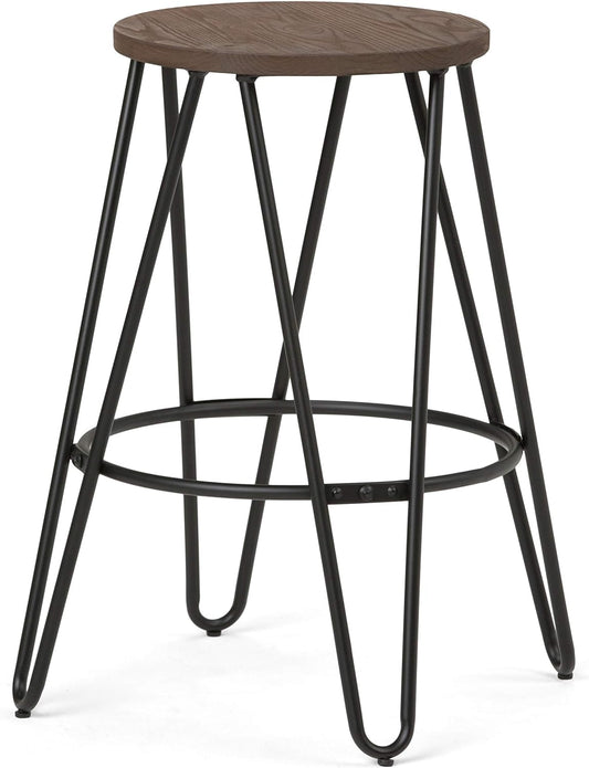 SIMPLIHOME Simeon 24 inch Counter Height Stool, Cocoa Brown and Black Metal and Elm Wood, Round, Backless, for the Kitchen and Dining Room, Industrial