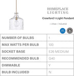 HomePlace Lighting 325717AD Crawford Urban/Industrial Clear Water Glass Jar Pendant Light 1-Light 100 Watt 15’’ H x