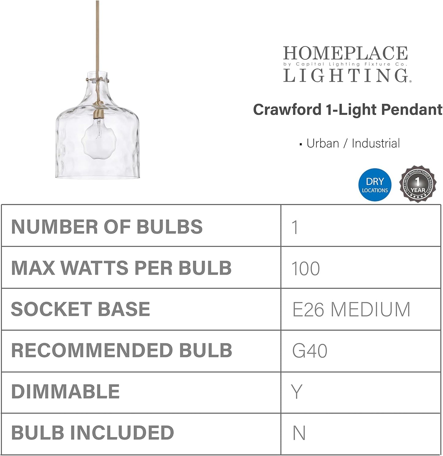 HomePlace Lighting 325717AD Crawford Urban/Industrial Clear Water Glass Jar Pendant Light, 1-Light 100 Watt, 15" H x 12" W, Aged Brass