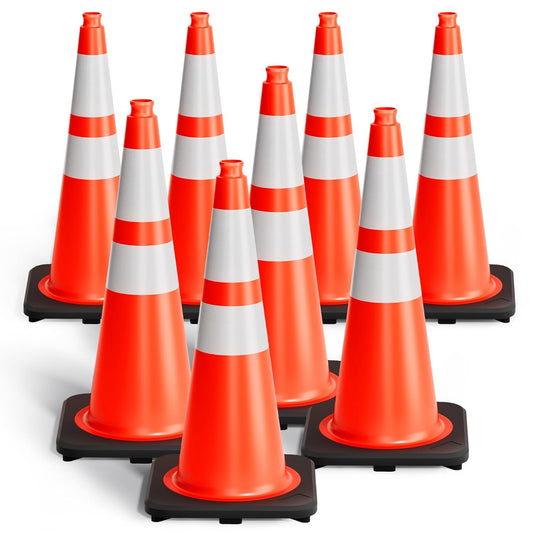 Traffic Cones 28 Inch Orange Cones 8 Pack with Heavy Duty Black Base - Safety Cones with Reflective Collars for Driveway Road Safety, Traffic Control, Parking Lot (28inch, 8 Pack)