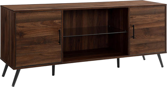 Walker Edison Saxon Mid Century Modern Glass Shelf TV Stand for TVs up to 65 Inches, 60 Inch, Walnut