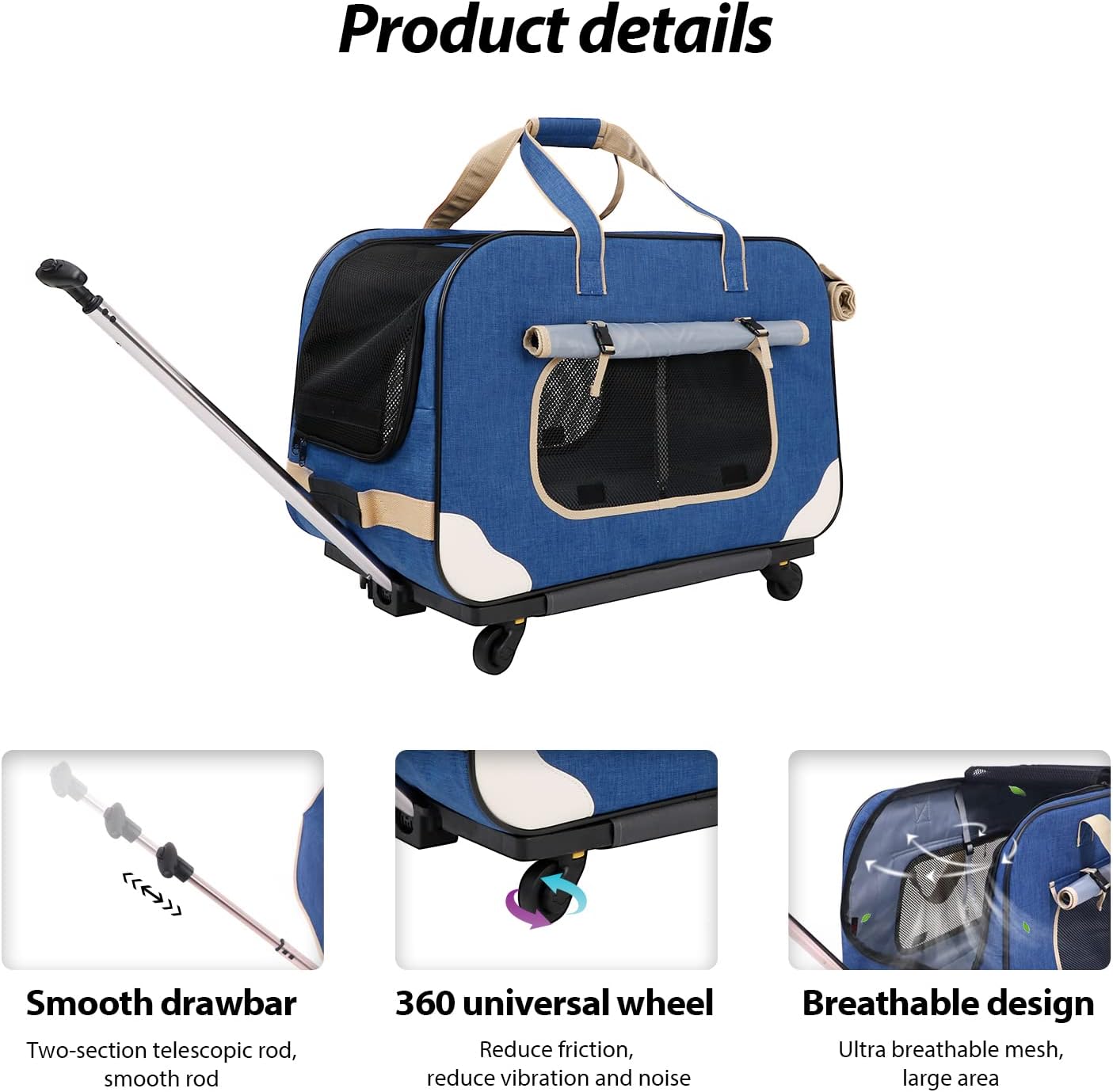 GJEASE Large Pet Rolling Carrier with Wheels for Up to 35 LBS(Upgrade Material-Sponge Filling),with Durable Handle and Flexible Wheels,Breathable and Collapsible Carrier for Small & Medium Pets