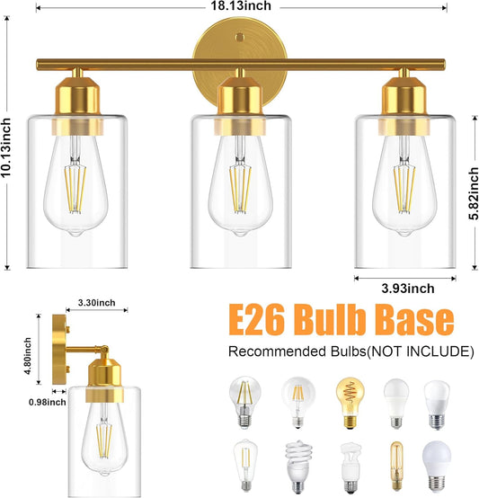 Missing Screws 3-Light Gold Bathroom Light Fixtures, Brushed Brass Bathroom Vanity Light with Clear Glass Shade, Modern Wall Sconce Lighting for Hallway, Living Room, Bedroom