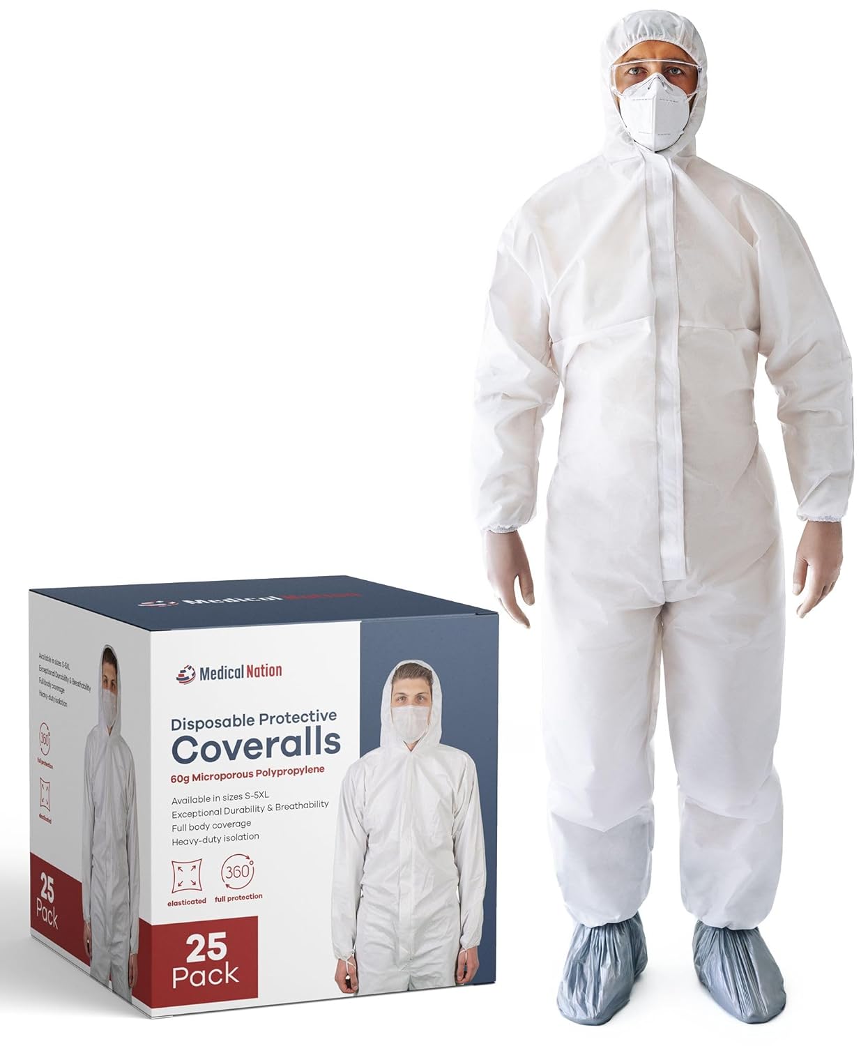 Medical Nation Hazmat Suits | 25 Pack, Large | Disposable Protective Coveralls, Heavy Duty Full Body Painters Suit for Men & Women with Attached Hood and Boots - Breathable & Water Resistant - Large