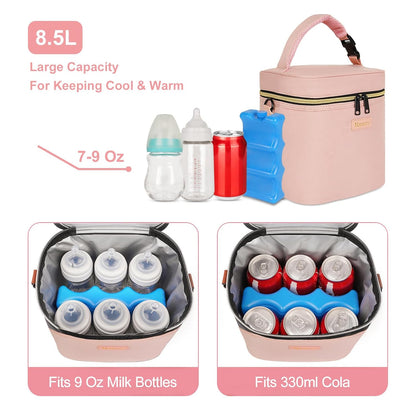 Mancro Breastmilk Cooler Bag Fits 6 Baby Bottles Up to 9 Ounce, Insulated Baby Bottle Bag Comes with ice Pack and Shoulder Strap, Baby Bottle Cooler Bag for Daycare Nursing, Pink