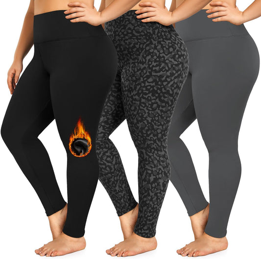 yeuG 3 Pack Women's Plus Size Fleece Lined Leggings-1X-4X High Waist Tummy Control Thermal Warm Winter Workout Yoga Pants