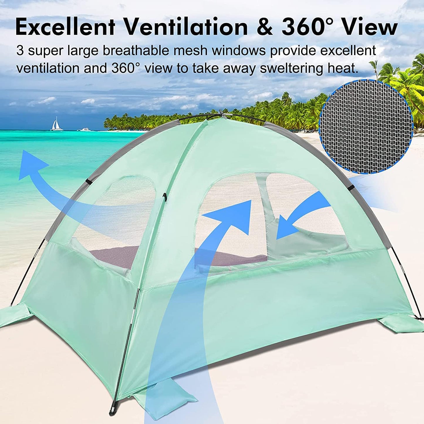 WhiteFang Beach Tent Anti-UV Portable Sun Shade Shelter for 3 Person, Extendable Floor with 3 Ventilating Mesh Windows Plus Carrying Bag, Stakes and Guy Lines (Copy)