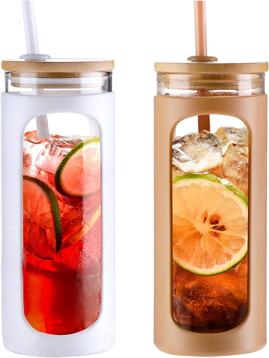 Kodrine 20oz Glass Water Bottle with Straw and Lid,Bamboo Lids Water Tumbler Iced Coffee Cup Reusable Wide Mouth