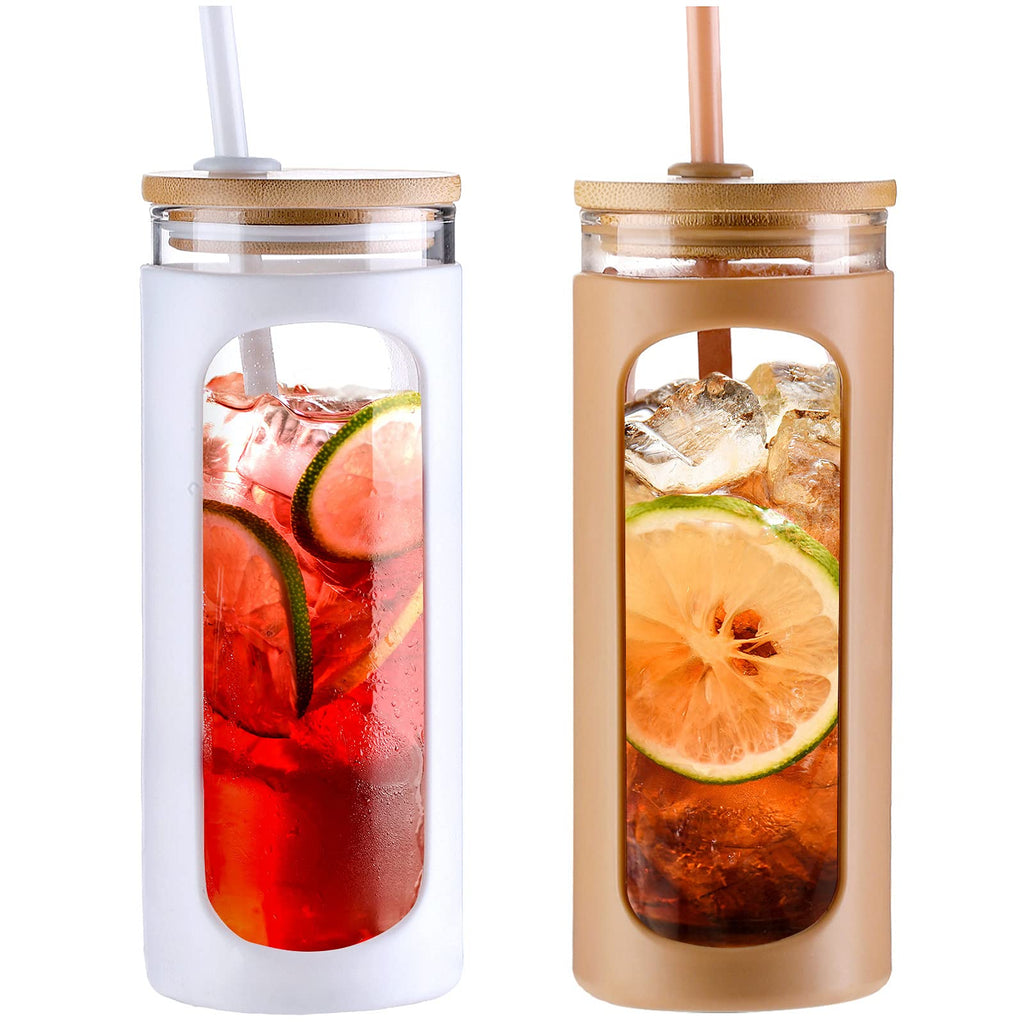Kodrine 20oz Glass Water Bottle with Straw and Lid,Bamboo Lids Water Tumbler Iced Coffee Cup Reusable Wide Mouth