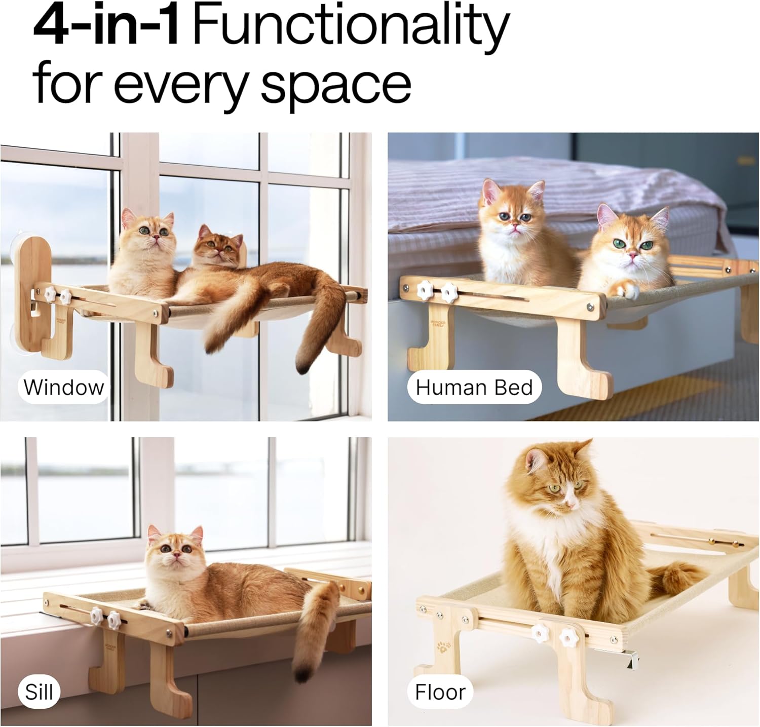 4-in-1 Cat Window Perch for Large Cats – Foldable Adjustable Pet Hammock for Window Bed Floor & Sill – Premium Hammock