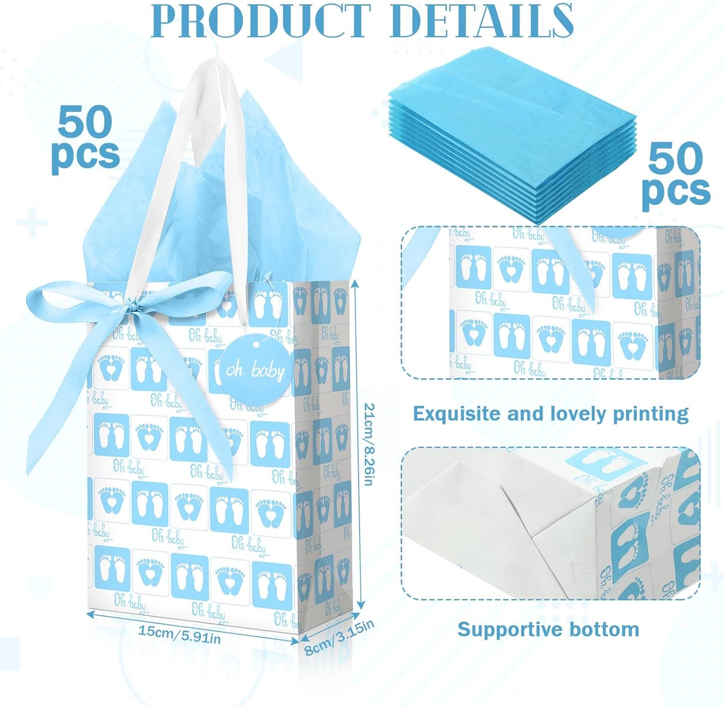 Jetec 50 Pcs Baby Shower Gifts Bag with Tissue Papers Baby Shower Bag with Handle 50 Sheets Decorative Tissue Paper for Guests Gifts Gender Reveal Baby Shower Favors(Blue, Oh, Baby)