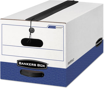 Bankers Box 8 Pack Liberty Plus Heavy-Duty File Storage Boxes, FastFold, String and Button with Extra Seal, Letter, White/Blue