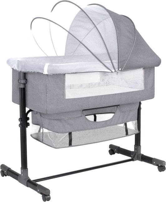 GoFirst Bedside Bassinet for Baby, Bedside Sleeper with Wheels, Heigt Adjustable, with Mosquito Nets, Large Storage Bag, for Infant/Baby/Newborn (Light Grey)