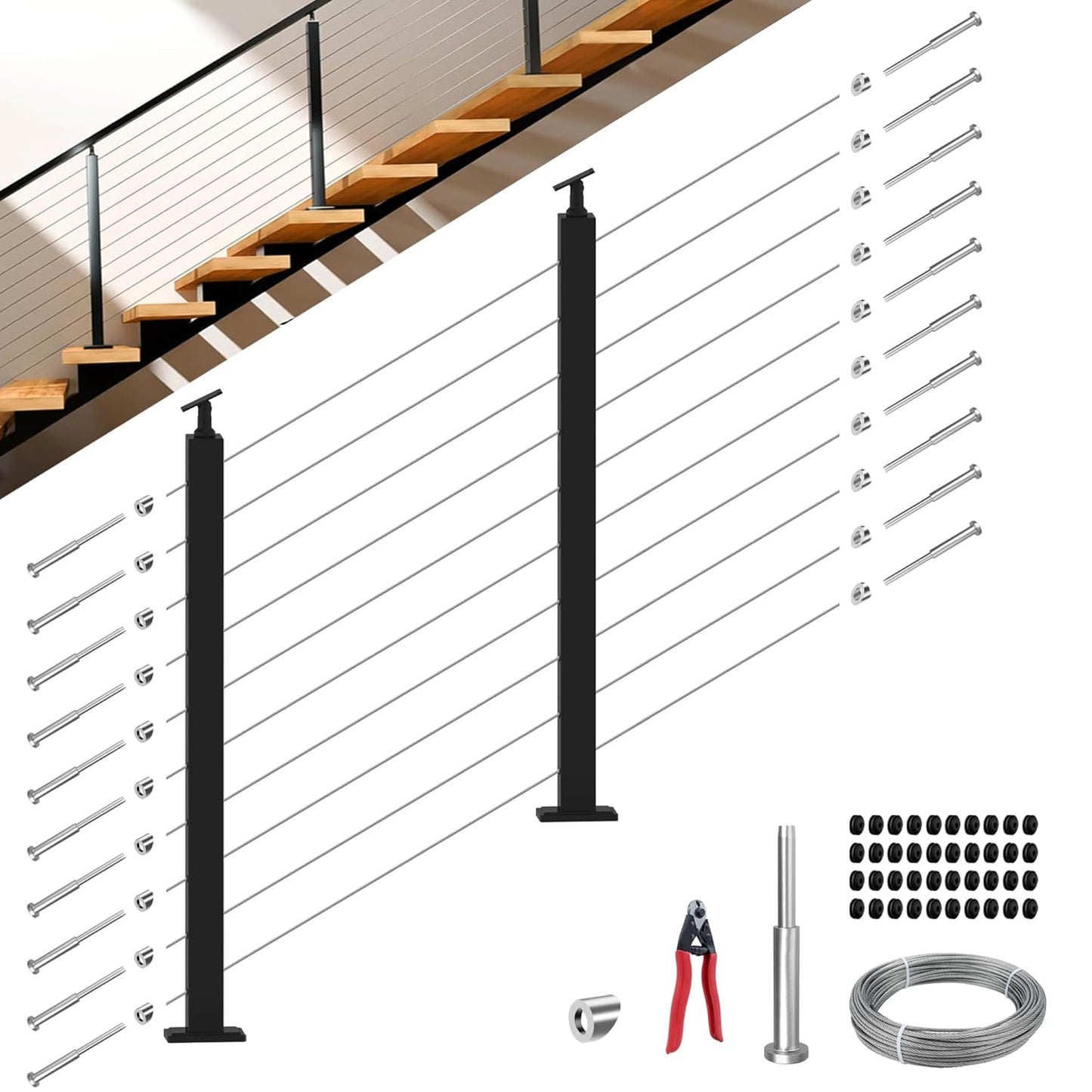 One-Stop Stair Cable Railing Post Kit, 33° Drilled 2Pack Stair Post, Adjustable Top Angle Railing System Including 2 Railing Post, 82ft Cable, 10 Sets Terminal, 40 Cable Grommets (No Handrail)