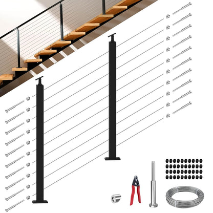 One-Stop Stair Cable Railing Post Kit, 33° Drilled 2Pack Stair Post, Adjustable Top Angle Railing System Including 2 Railing Post, 82ft Cable, 10 Sets Terminal, 40 Cable Grommets (No Handrail)