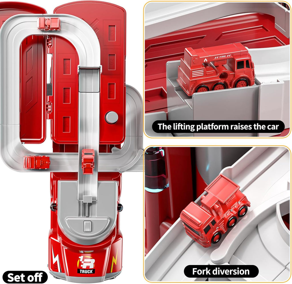 TEMI Fire Truck Kids Toys for 3-8 Year Old Boys Car Carrier with 8 Vehicles Movable Trucks Station Race Tracks Birthday