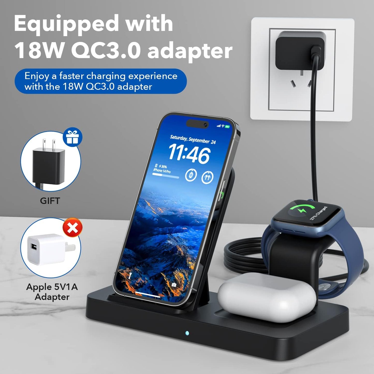 Wireless Charger, 3 in 1 Foldable Wireless Charging Station, Wireless Charger Stand Compatible with iPhone 14/13/12/11/Pro/Max/XS/XR/X/8/Plus, Apple Watch 8/7/6/5/4/3/2/SE & AirPods 3/2/Pro